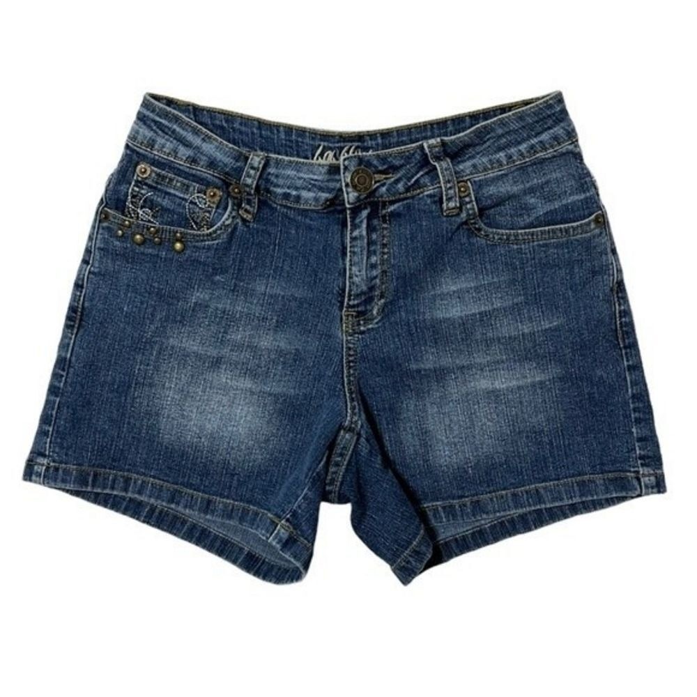 La Blues Womens Embroidered Studded Denim Shorts Medium Wash Blue Size 4